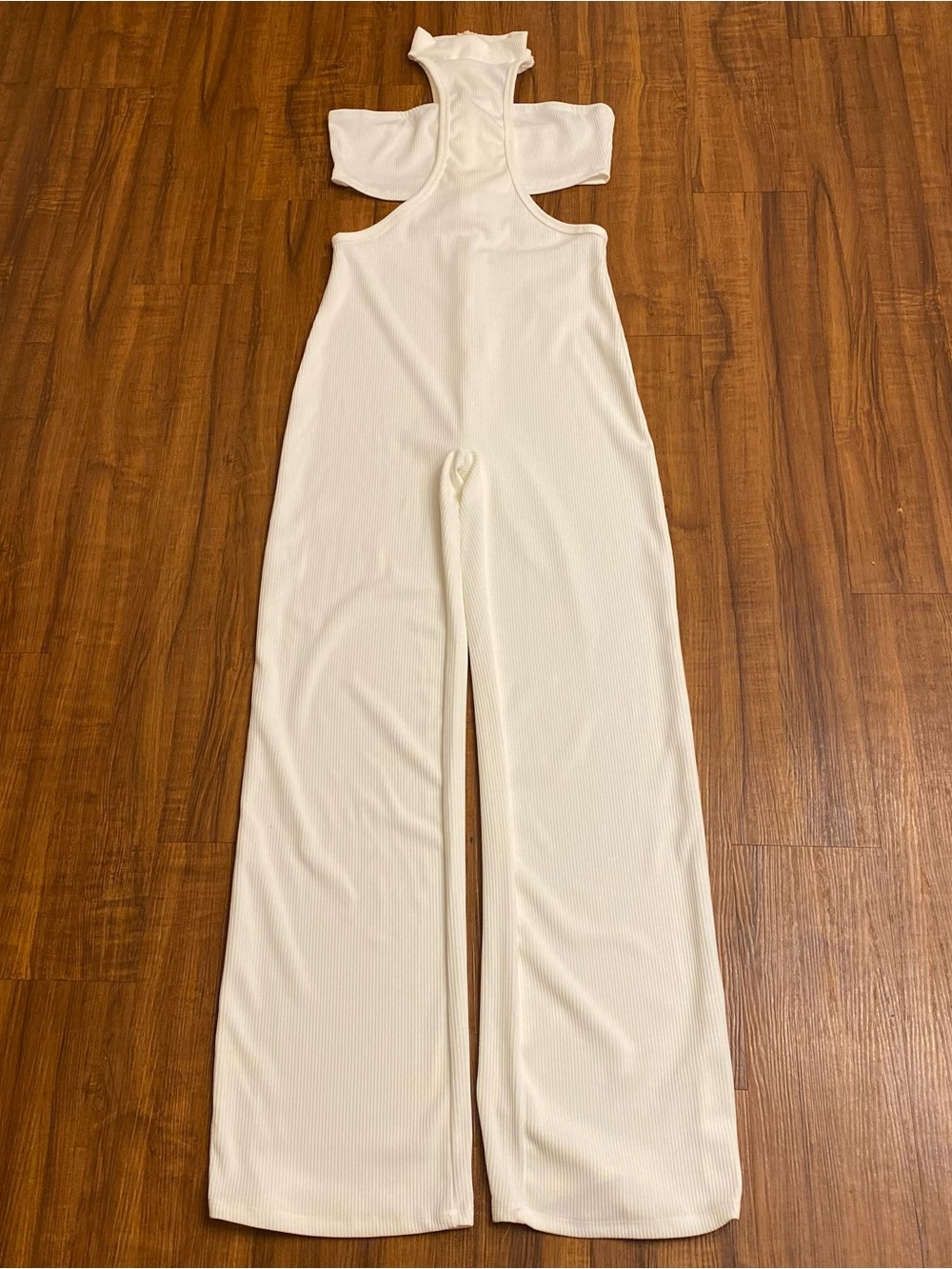 New Sleeveless Cream High-Neck Ribbed Knit Wide-Leg Jumpsuit